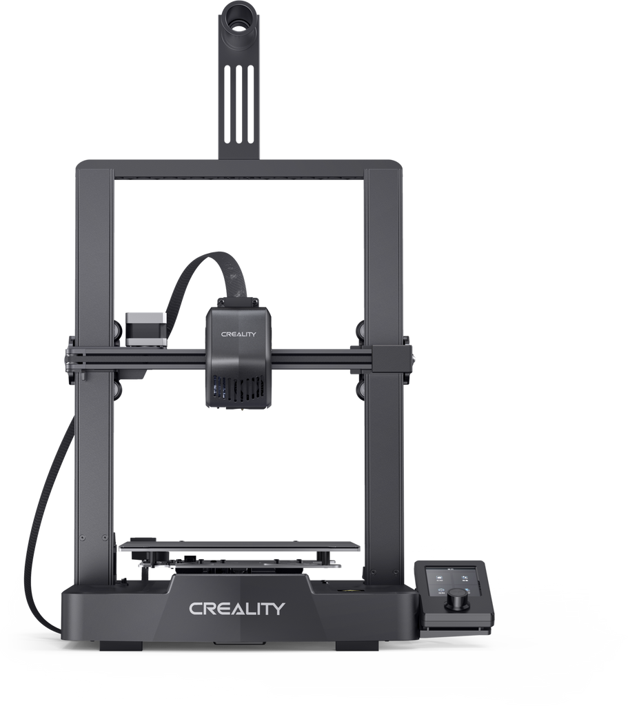 Front view of the Creality Ender-3 V3 SE 3D printer showcasing its black open-frame design. 