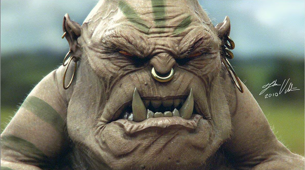 A highly detailed, photorealistic 3D rendering of an orc character demonstrating advanced texture mapping on skin, wrinkles, and accessories.