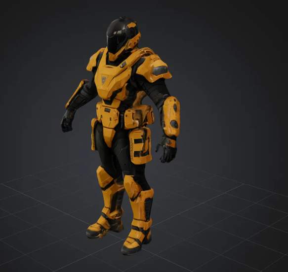 A 3D model of a stylized game-ready rogue knight in yellow and black armor.