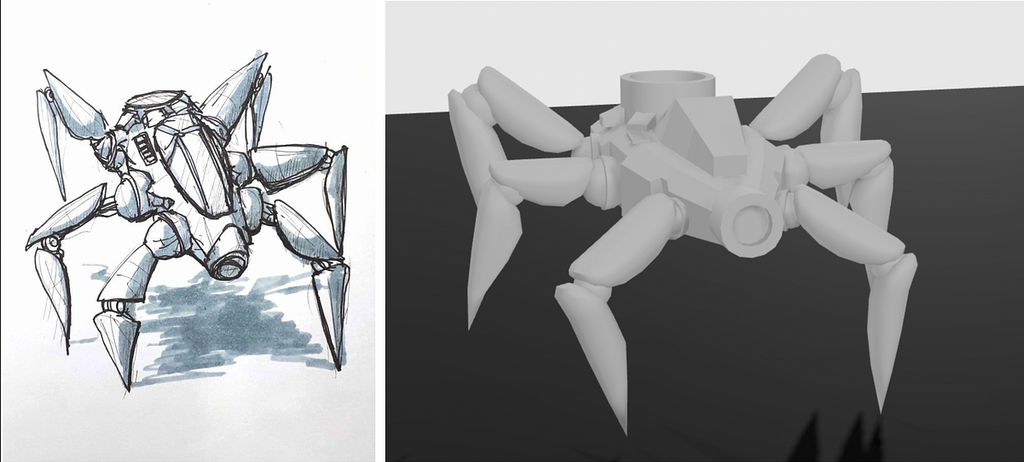 A 2D pencil sketch of a mechanical spider next to its converted gray AI-generated 3D mesh model