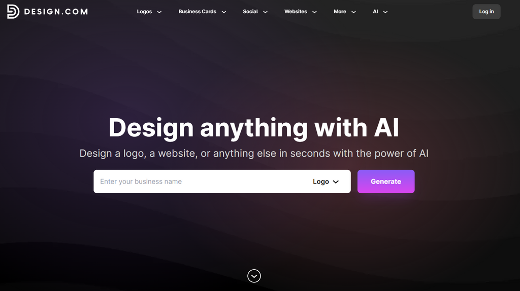 The homepage of Design.com, an all-in-one AI platform for designing logos and brand identities, featuring a simple dark-mode search interface