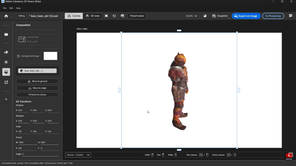 Viewing and inspecting the AI-generated 3D character model with PBR textures inside the Adobe Substance 3D Viewer beta