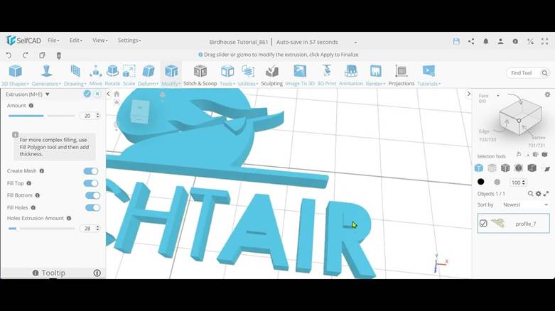 SelfCAD Extrusion tool transforming a 2D outline profile into a 3D extruded logo sign