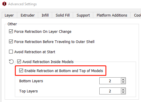 D printing slicer's advanced settings menu, with a red box highlighting the "Enable Retraction at Bottom and Top of Models" checkbox.