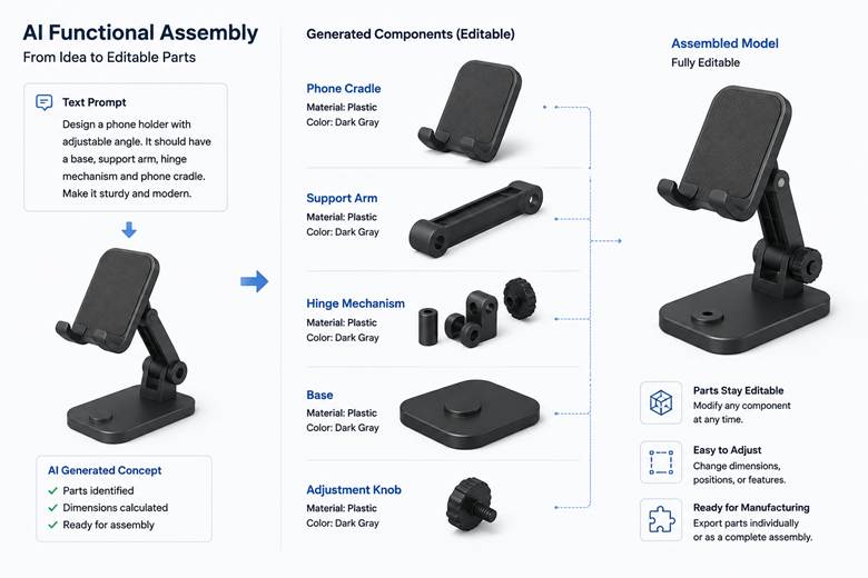 Infographic diagram of SelfCAD AI Functional Assembly converting text into editable phone stand components