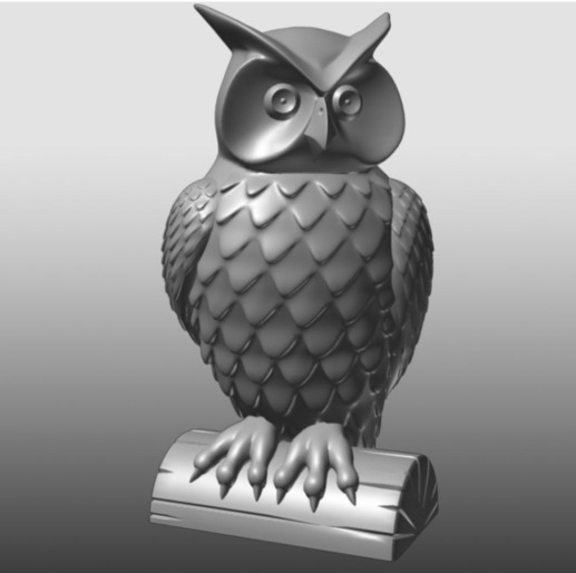 3D printed owl statue facing left.  