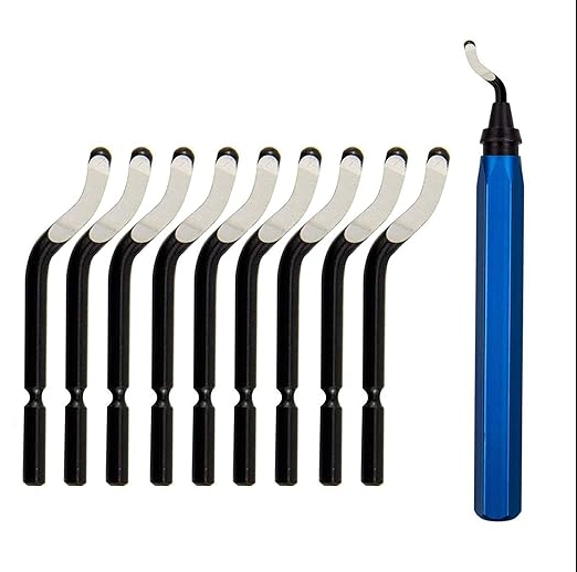 A blue-handled deburring tool arranged next to a row of curved metal replacement blades. 