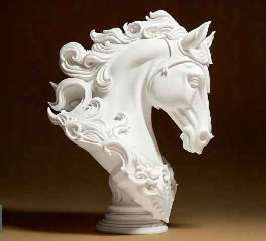 An elegant white 3D-printed horse bust with an ornate, flowing mane.  