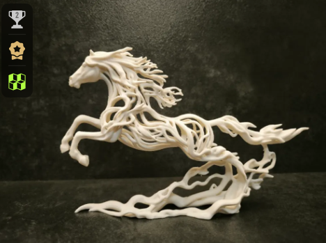 An ethereal white 3D-printed horse leaping with a flowing, branch-like mane and tail.  