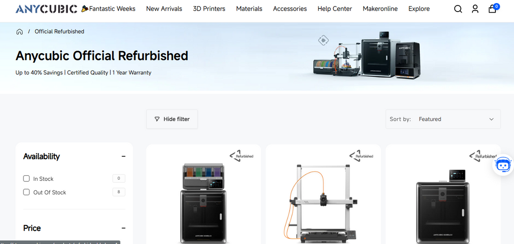 The Anycubic Official Refurbished online store page offering discounted 3D printers with a 1-year warranty. 