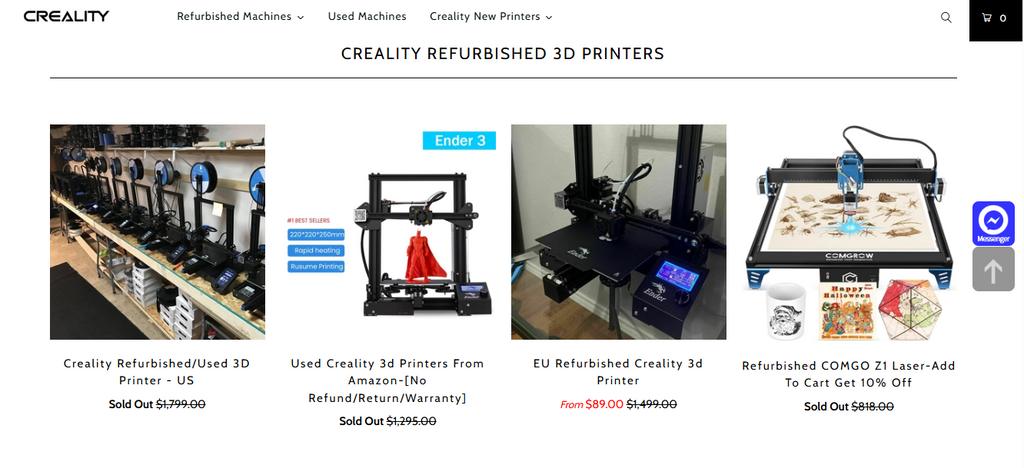 The Creality Official Refurbished Store website showcasing various discounted, pre-owned 3D printers and laser engravers.