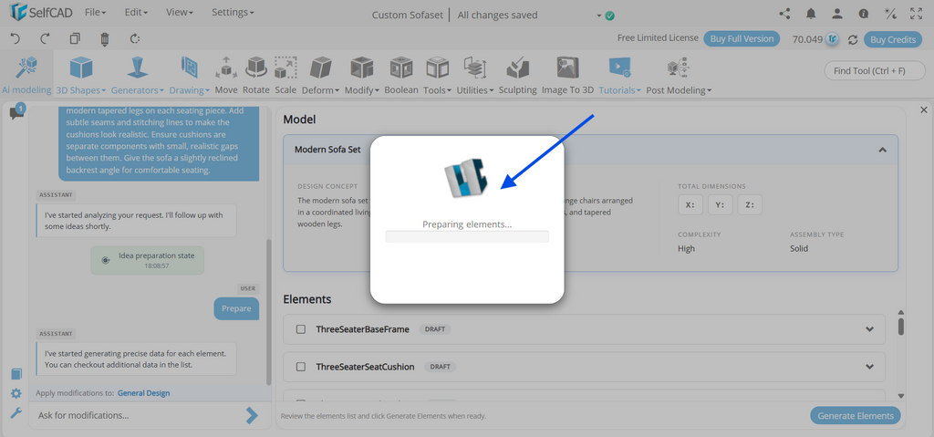SelfCAD popup window showing the Preparing Elements loading status