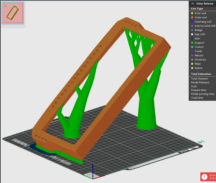 3D slicer software interface displaying a rectangular model with green generated supports for overhangs exceeding 45 degrees