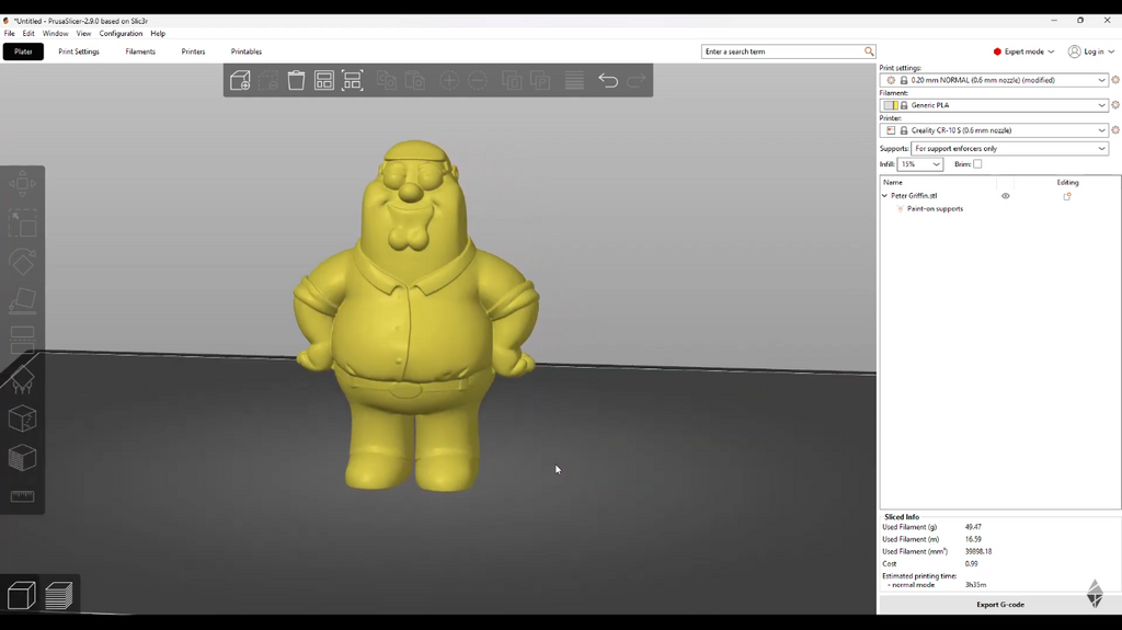 Examining the generated yellow 3D character model within a 3D viewer software interface to check proportions.