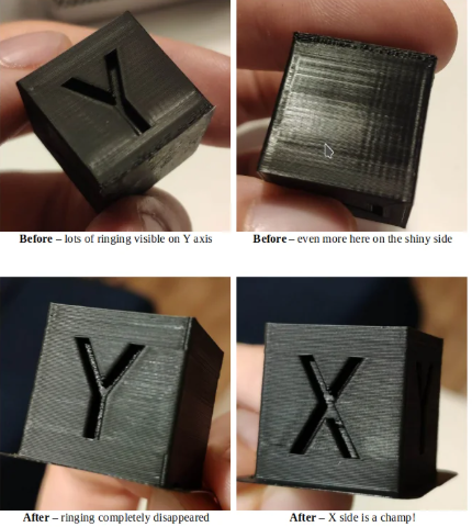 A comparison showing a black 3D test cube with heavy ringing ripples on its sides versus a smooth, ripple-free cube after adjustment