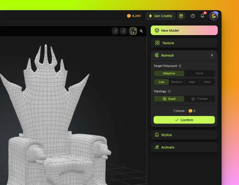 Meshy AI workspace showing a 3D throne model with quad remeshing options