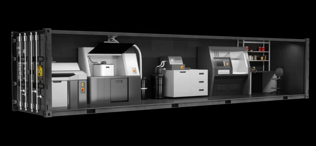 A conceptual 3D rendering of a modular smart factory setup inside a dark shipping container, featuring various industrial 3D printers