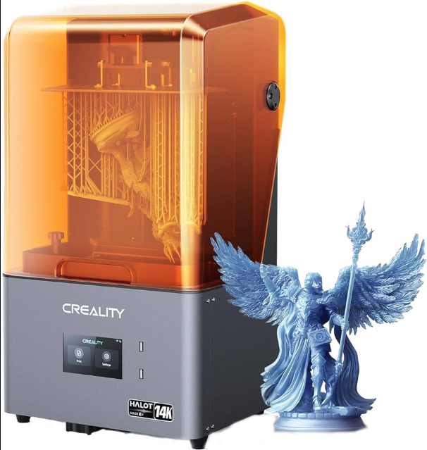Creality HALOT-MAGE S 14K resin 3D printer beside a detailed winged angel figurine