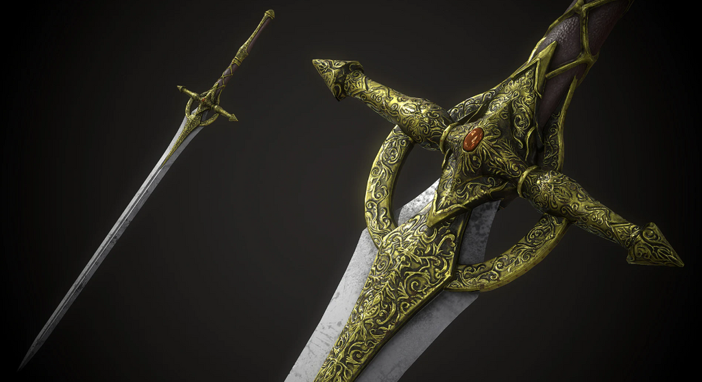An ornate medieval fantasy sword with an intricate gold-engraved hilt and crossguard.