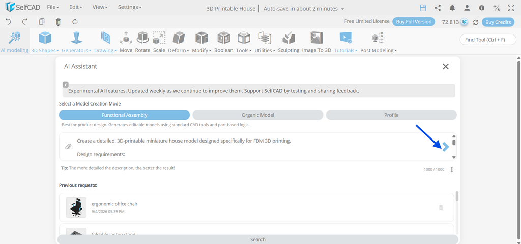 Blue arrow pointing to the prompt submission button in the SelfCAD AI Assistant