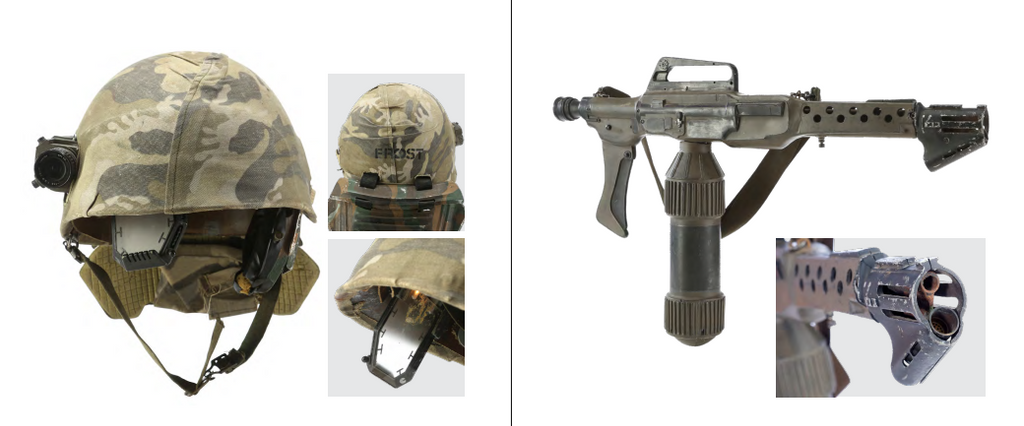 A split image showing a historically accurate replica of an Apollo 11 astronaut helmet and a space tool