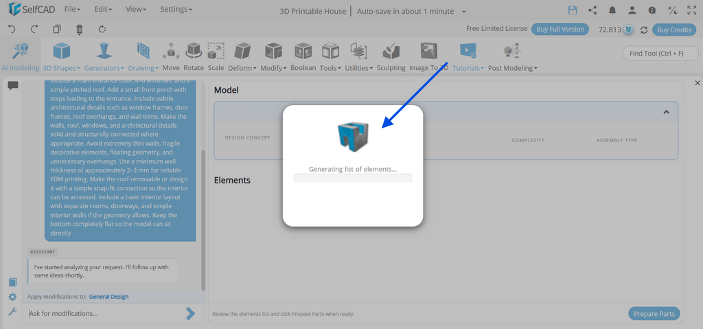 SelfCAD AI Assistant popup displaying the Generating List of Elements status