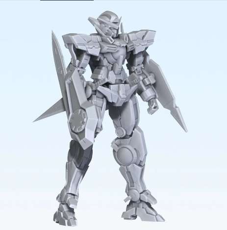A grey, unpainted 3D-printed Gundam Base model standing upright with a minimalist design.