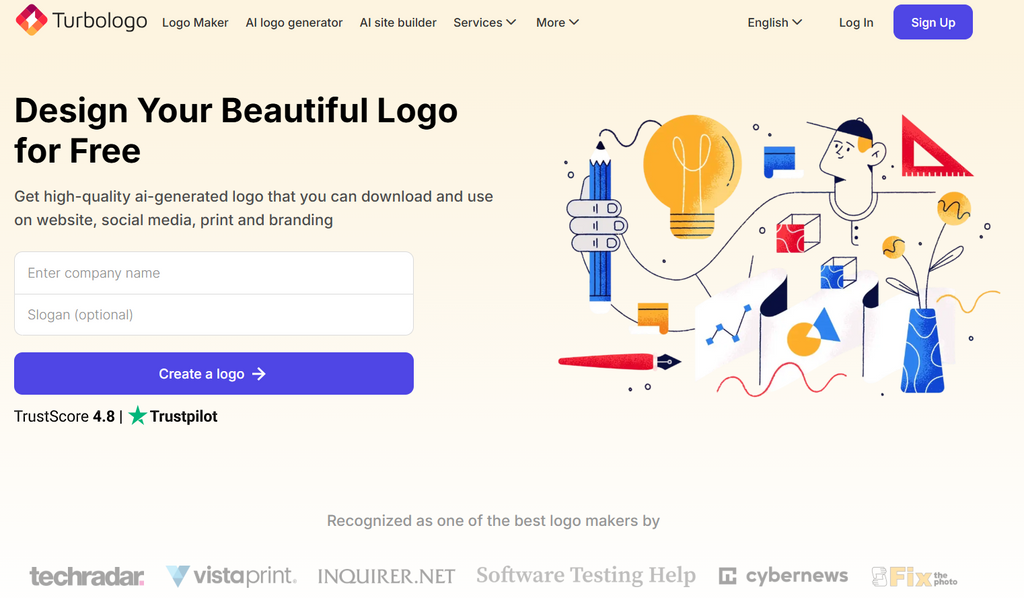 Turbologo AI logo generator homepage showing a simple input form for a company name and slogan to quickly create a beautiful logo for free