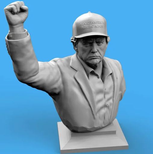 3D printable sculpture of Donald Trump with a raised fist wearing a MAGA cap and suit.