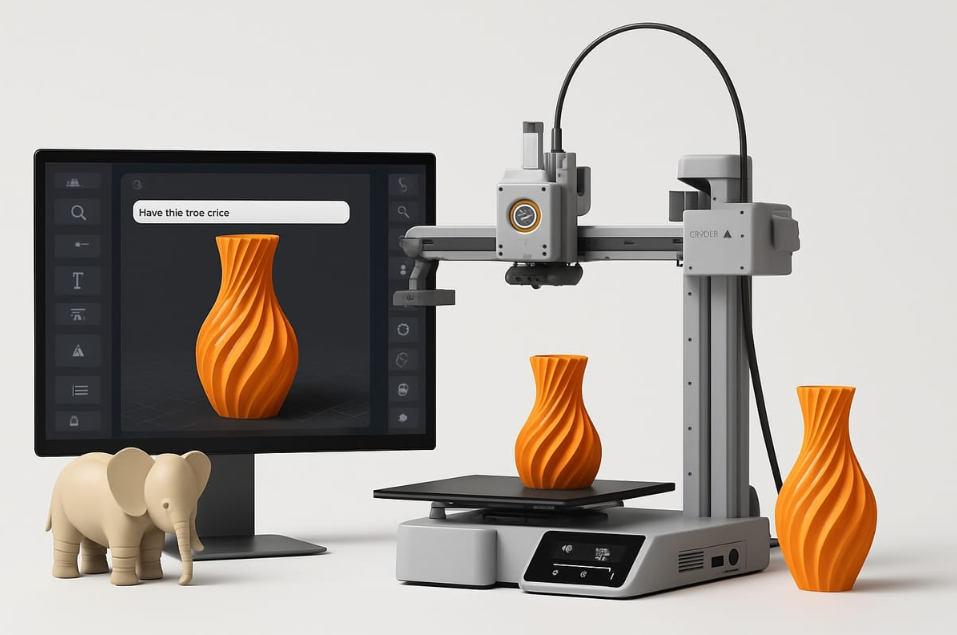 A desktop setup featuring a 3D printer creating an orange vase next to a monitor displaying a text prompt and an elephant figure.  
