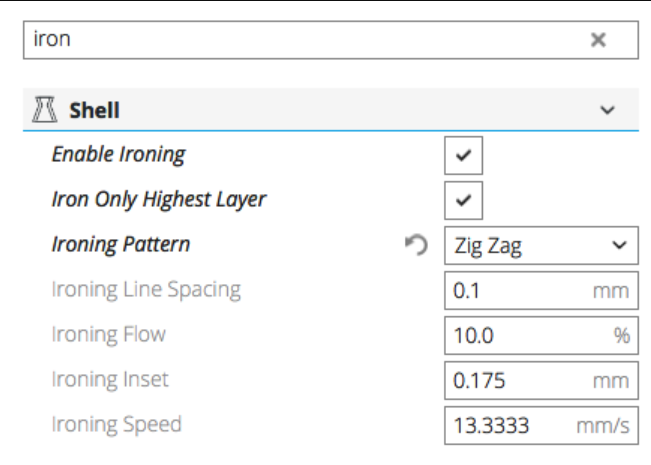 Diagram illustrating different Cura ironing pattern densities, showing a zigzag pattern ranging from 20% to 100% coverage.