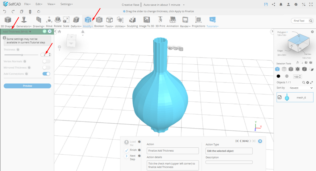 Add thickness tool in SelfCAD