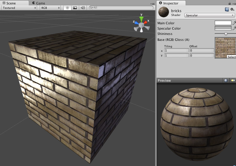Unity software interface demonstrating specular mapping on a 3D brick block to create realistic light reflection and surface shine.