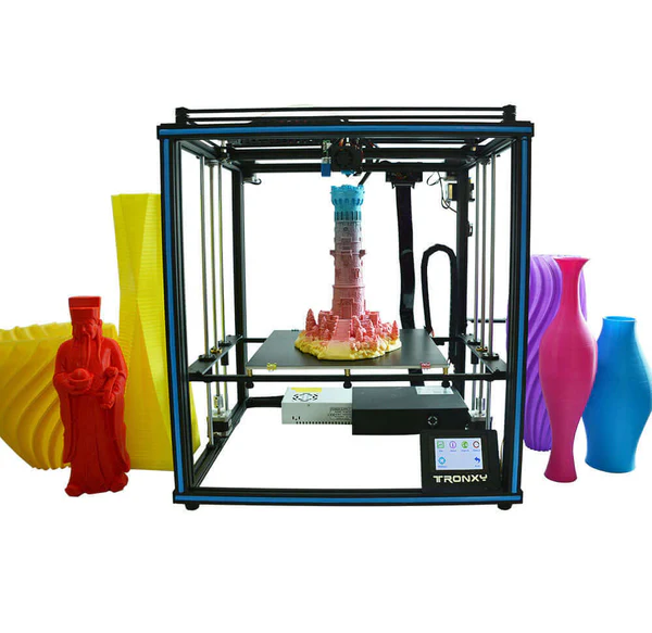 Close-up of a purple CoreXY 3D printer print head moving rapidly across the build plate to demonstrate high print speeds.