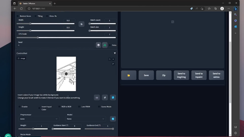 Uploading a digital sketch into the ControlNet image input area for processing.