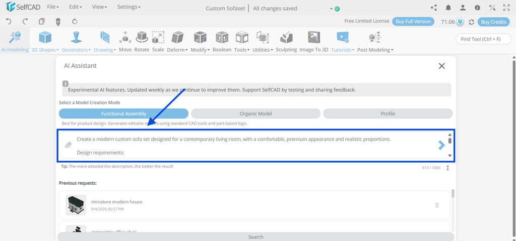 Blue arrow pointing to the submission button in the SelfCAD prompt window