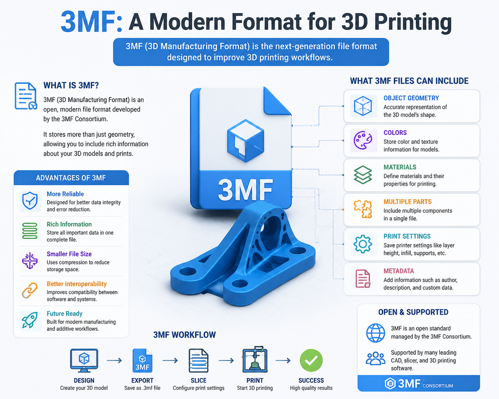 An infographic detailing the 3MF file format, highlighting its advantages and the information it can store for modern 3D printing workflows.