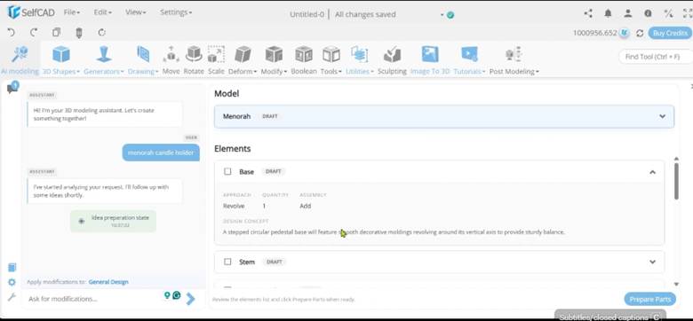 SelfCAD workspace highlighting the AI modeling tool button on the main toolbar