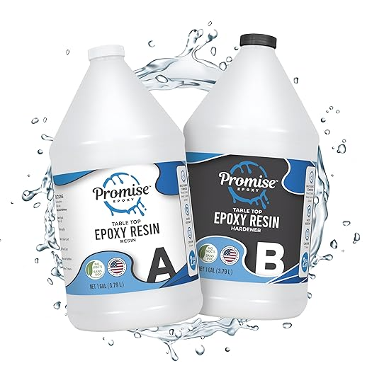 Two gallon-sized bottles of Promise Table Top Epoxy Resin, labeled Part A and Part B.
