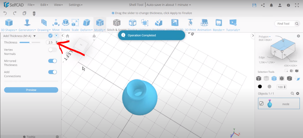 Thickness option in SelfCAD