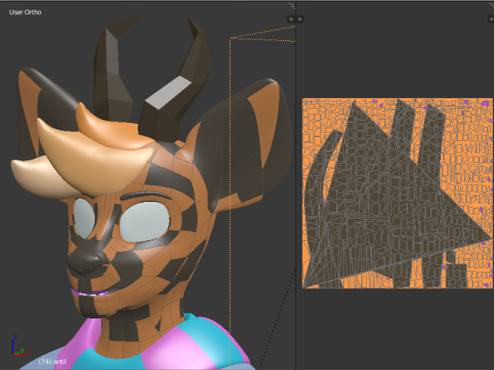 3D software interface showing a deer character with a checkered texture pattern applied to check for UV mapping seams and distortion.
