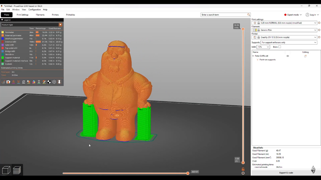 Slicer software interface showing an orange 3D model with green auto-generated supports prepared for 3D printing.
