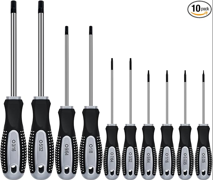 A 10-piece set of Allen wrenches and precision screwdrivers featuring black and grey grips.