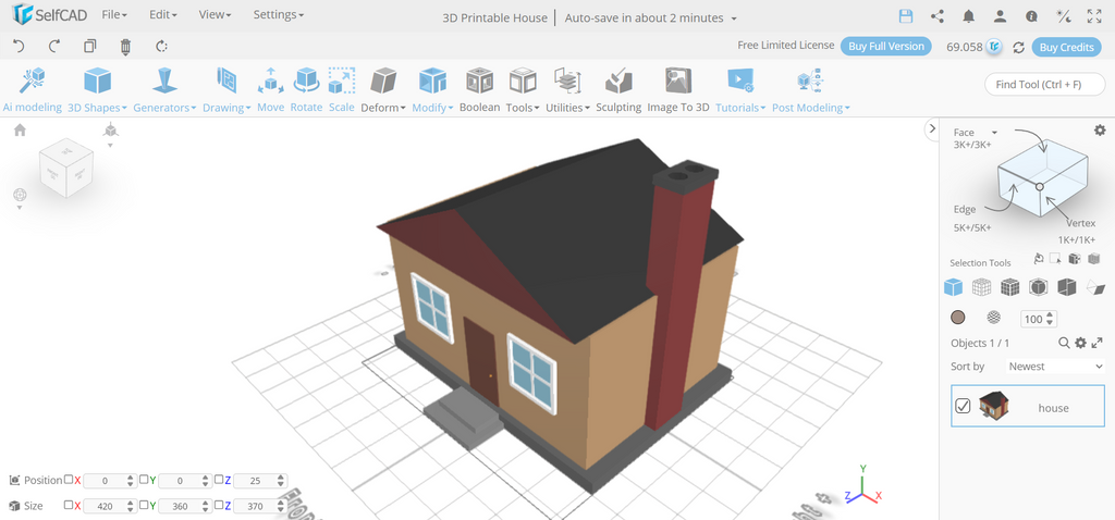 Completed 3D printable miniature modern house placed on the SelfCAD grid