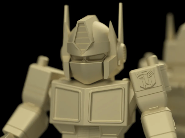 smooth, unpainted beige 3D printed miniature Optimus Prime figure showcasing crisp, clean lines typical of high-quality resin printing.