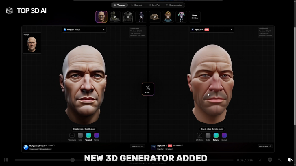 A software interface displaying two highly detailed, bald male 3D head models side-by-side.  
