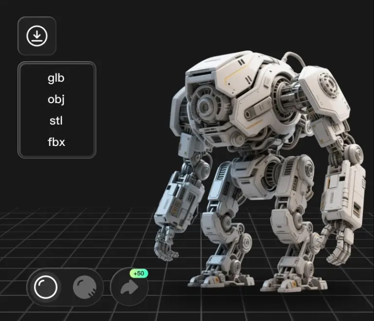 A highly detailed, high-resolution white robotic mech suit standing on a digital grid in Hitem3D.  