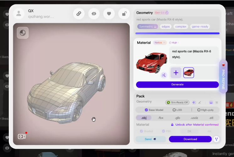 The Hyper3D model viewer displaying the clean wireframe mesh topology of a 3D sports car.