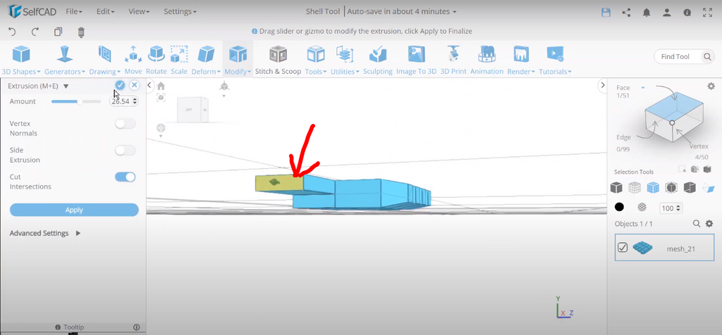 Extruding faces of a 3D object in SelfCAD