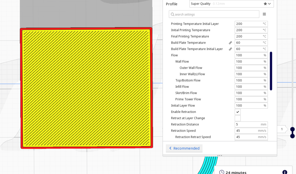 Screenshot of Ultimaker Cura settings showing the flow menu, alongside a yellow 3D model preview highlighting ironing line spacing.
